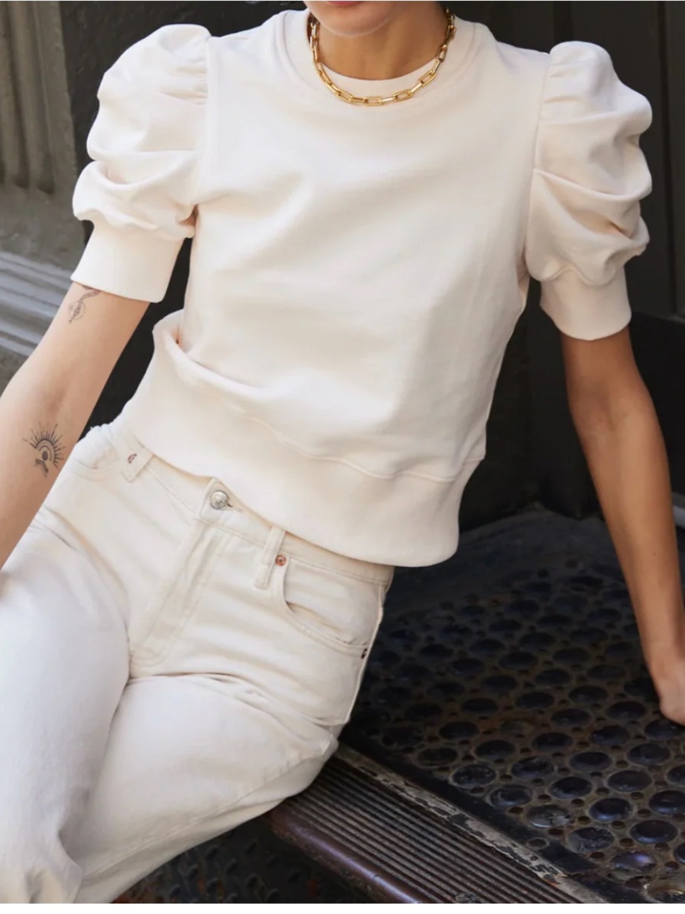 Soldout.nyc The Just Enough Puff Short Sleeve Ivory Boho Minimalist Sweatshirt L